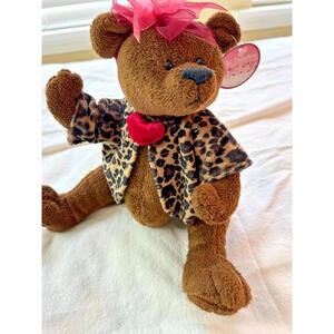Dan Dee Collectors Choice Stuffed Plush Bear In Leopard Coat & Red Bow 9"
